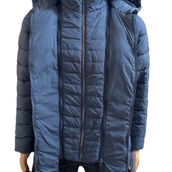 BERNARDO EcoPlume Hooded Walker Double Zip Bib Coat Jacket Smoke Blue Large - Picture 2 of 10